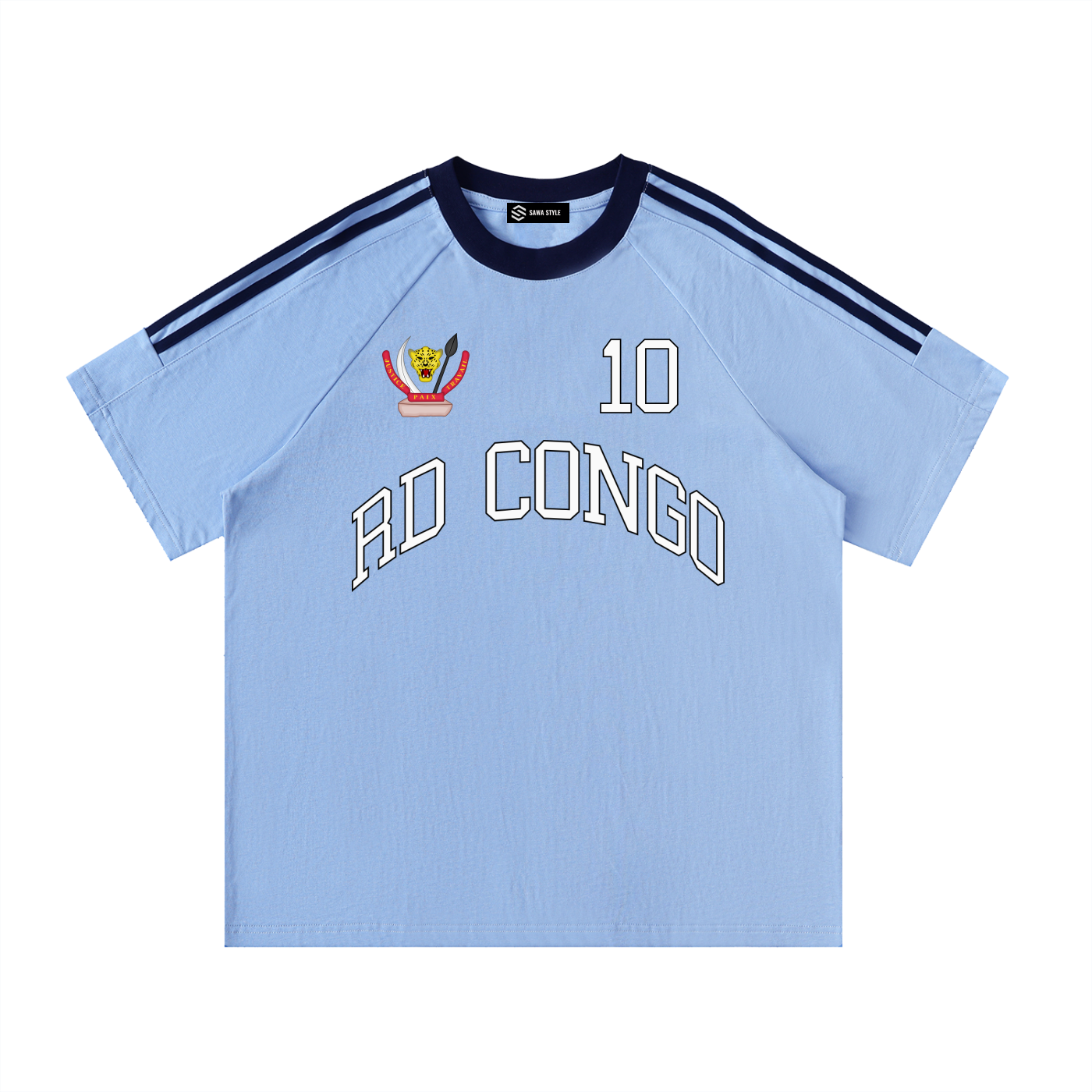 ODMPOD RD Congo football fan T-shirt, custom cotton jersey with team logo and vibrant green and yellow design, front view.