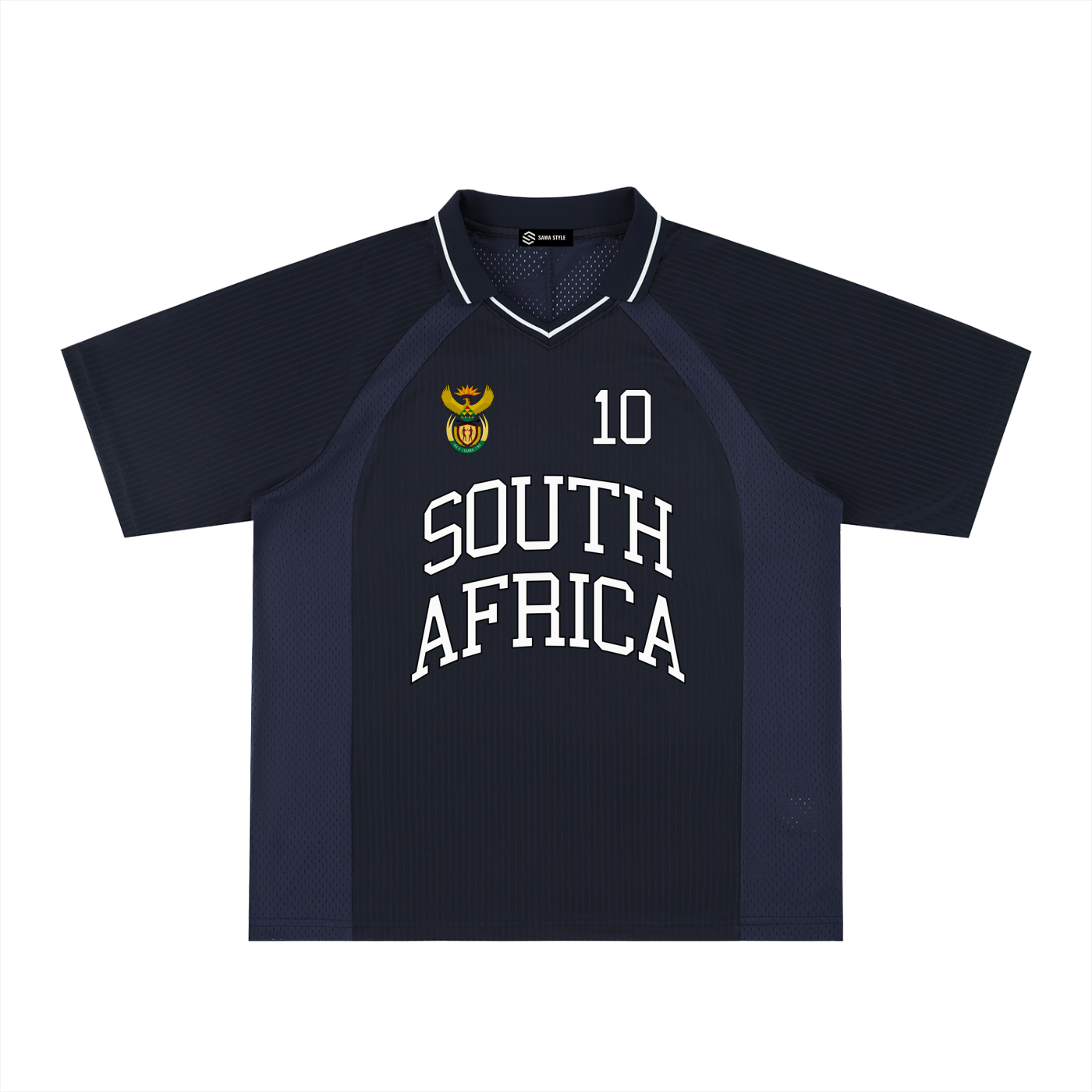 South Africa sports striped V-neck oversized soccer jersey by ODMPOD featuring bold team colors and athletic design.