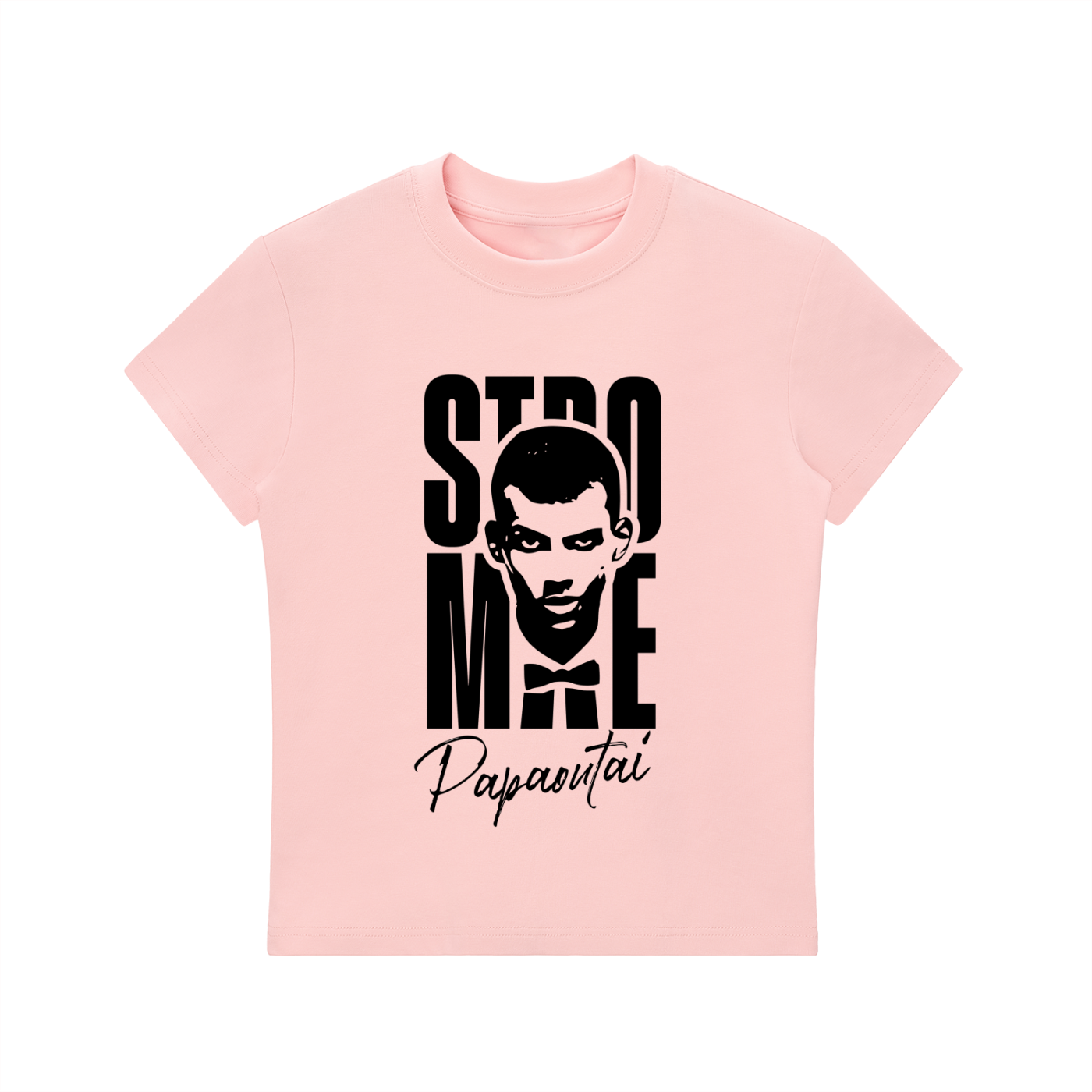 Stromae women's bodycon crewneck T-shirt by ODMPOD, close-up of soft black fabric and fitted silhouette.