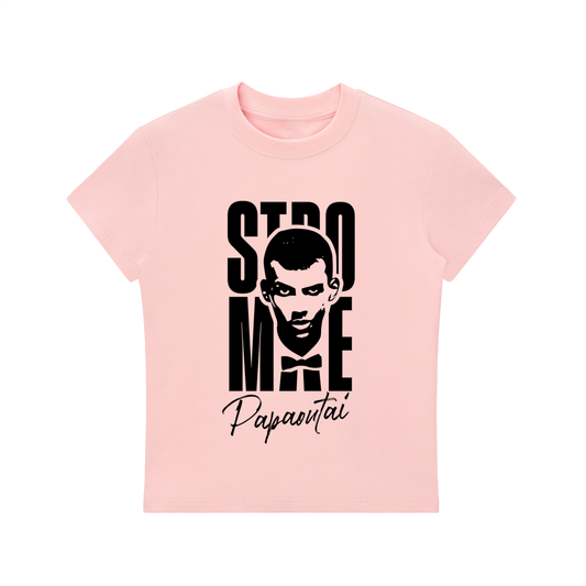 Stromae women's bodycon crewneck T-shirt by ODMPOD, close-up of soft black fabric and fitted silhouette.