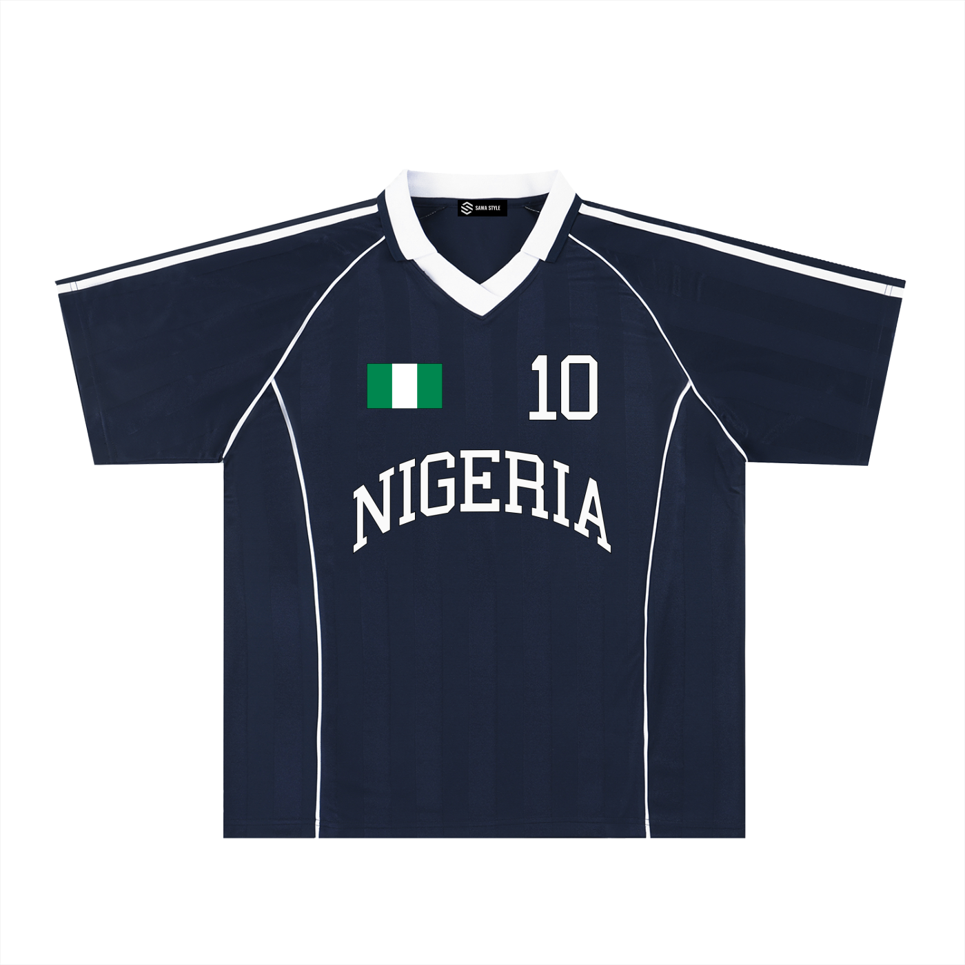 Nigeria Sports Stripe Oversized Soccer Jersey by ODMPOD featuring bold green and white stripes and a relaxed fit.