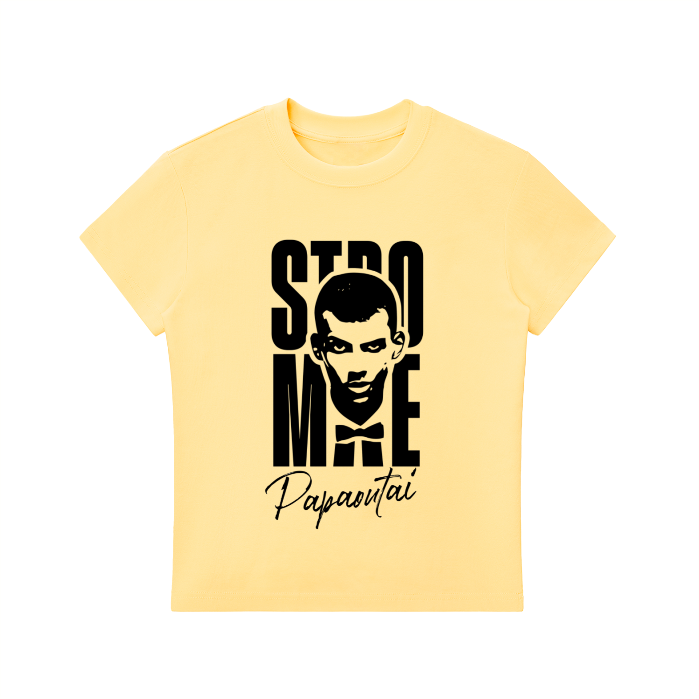 Stromae women's bodycon crewneck T-shirt by ODMPOD, fitted black cotton shirt with short sleeves and graphic print design.