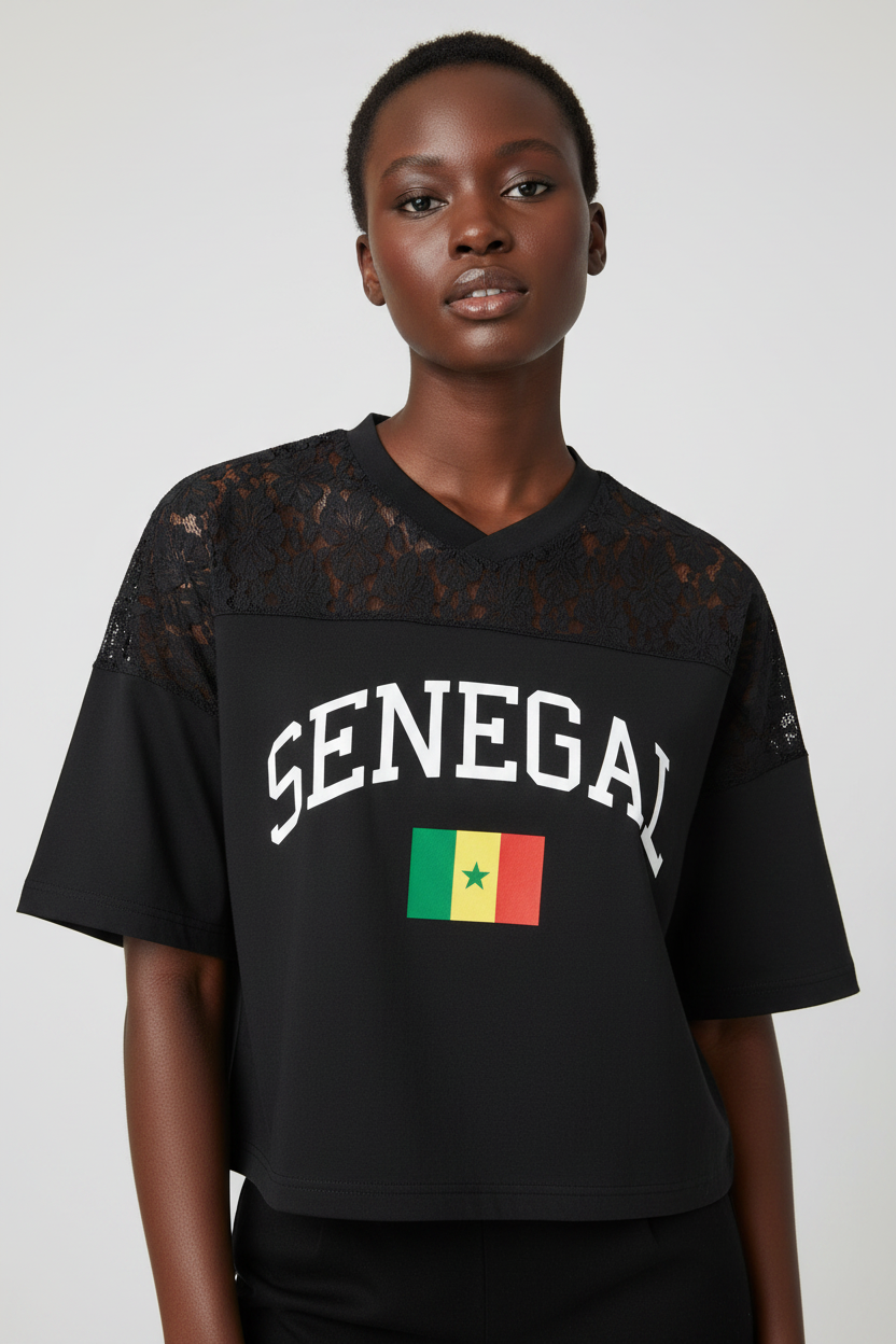 Senegal Lace Panel V-Neck Tee
