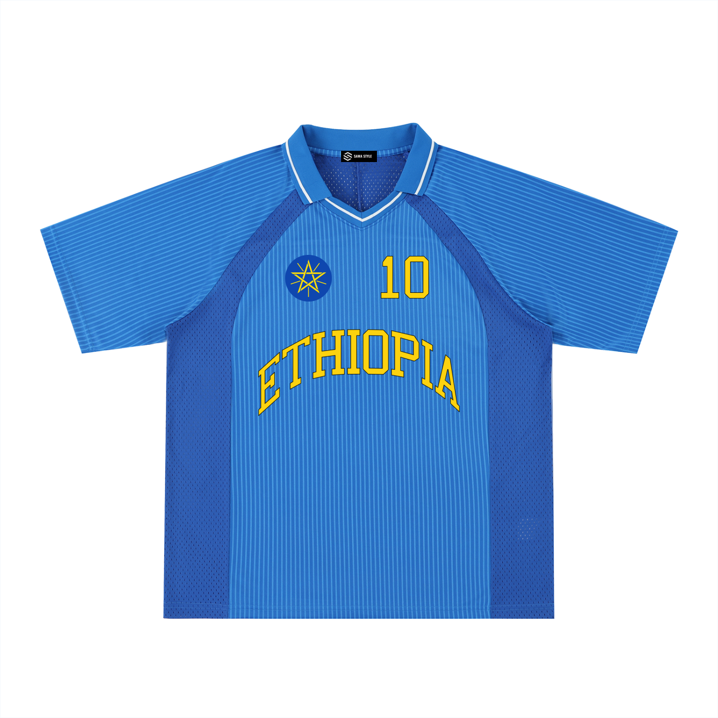 Ethiopia Sports Striped V-Neck Jersey by ODMPOD, featuring vibrant vertical stripes and a classic V-neck design.