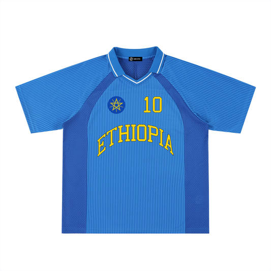 Ethiopia Sports Striped V-Neck Jersey by ODMPOD, featuring vibrant vertical stripes and a classic V-neck design.