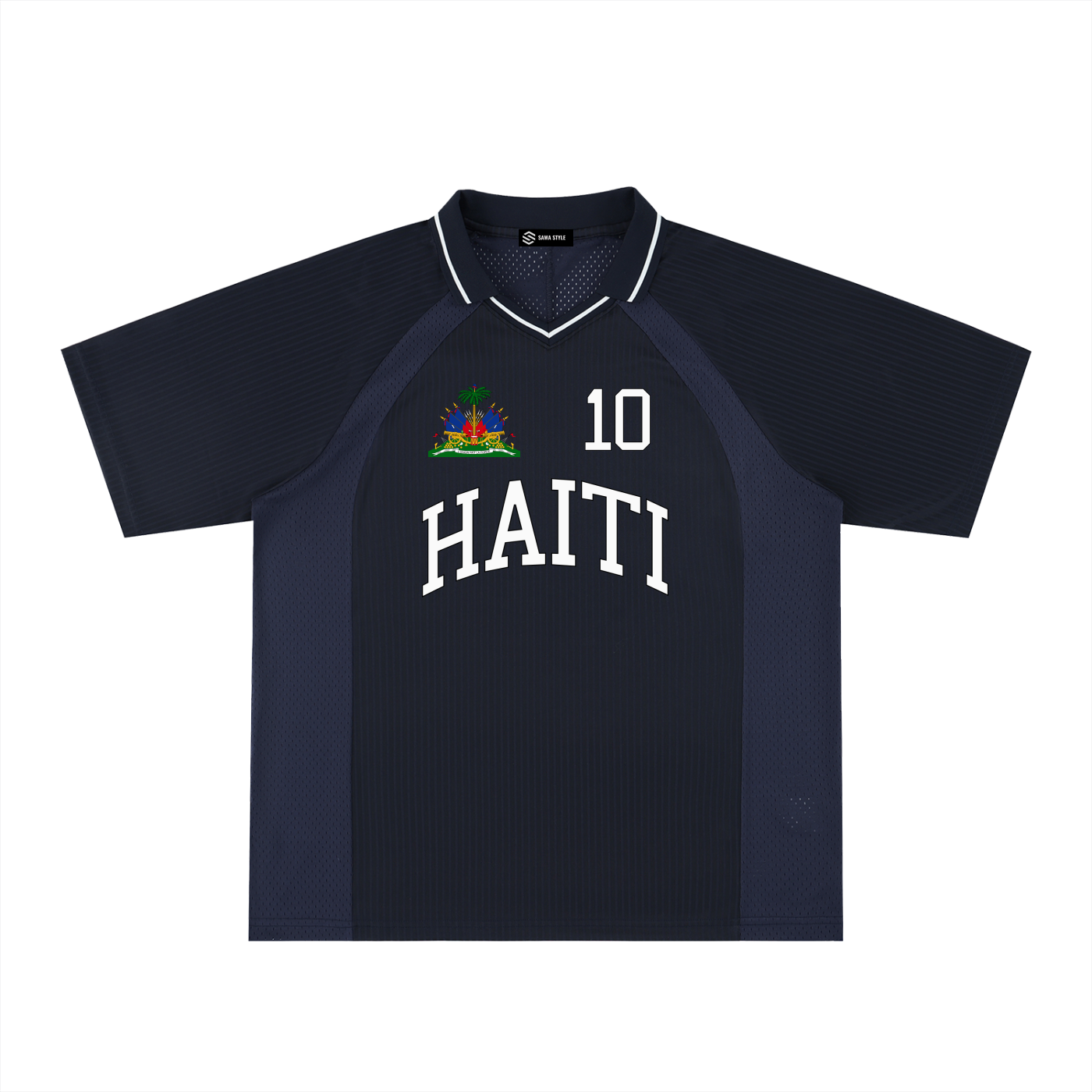 ODMPOD Haiti Sports oversized striped V-neck jersey featuring bold horizontal stripes and a relaxed fit.