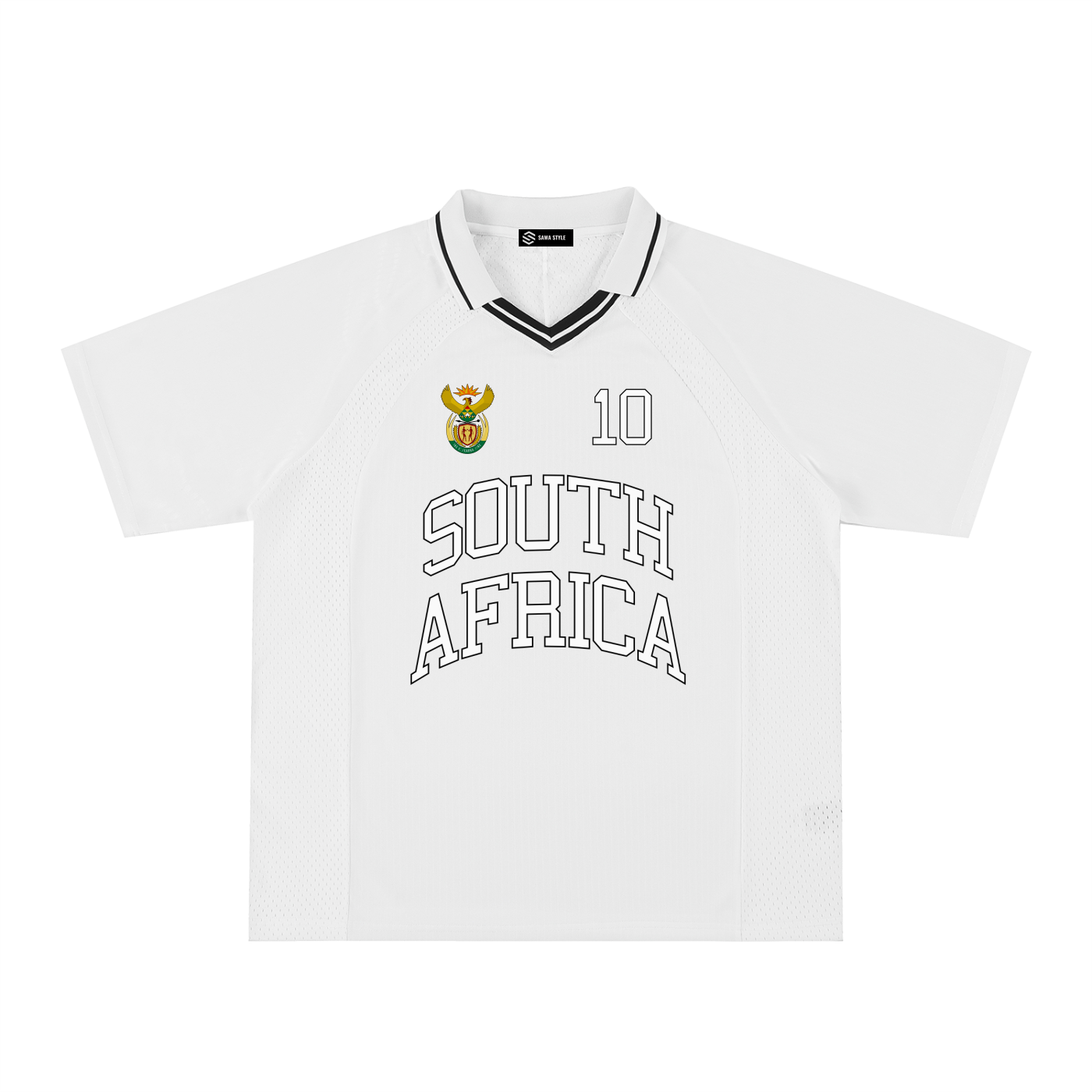 South Africa sports striped V-neck oversized soccer jersey by ODMPOD with bold green, yellow, and black stripes.