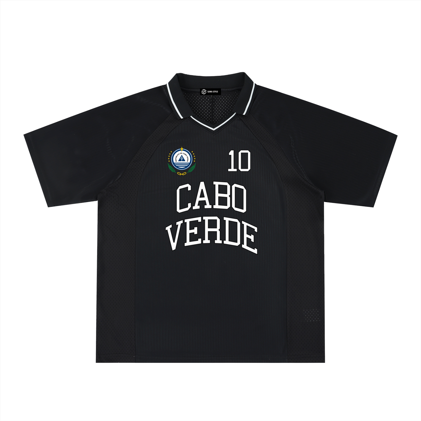 ODMPOD Cabo Verde sports striped V-neck jersey with bold design and vibrant colors, perfect for fans and sports enthusiasts.