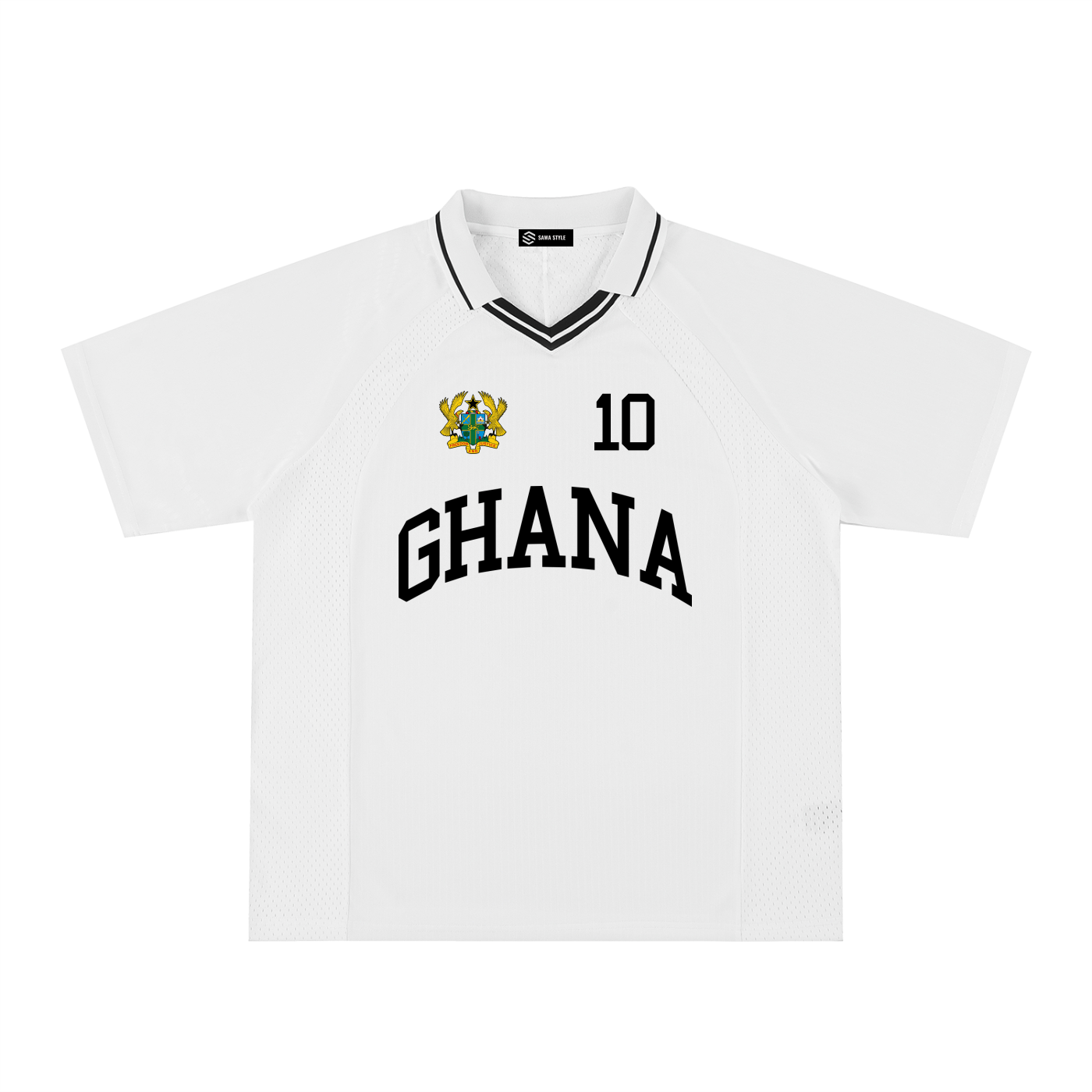 Ghana Black Star personalized V-neck soccer jersey by ODMPOD featuring team logo and customizable name and number on the front