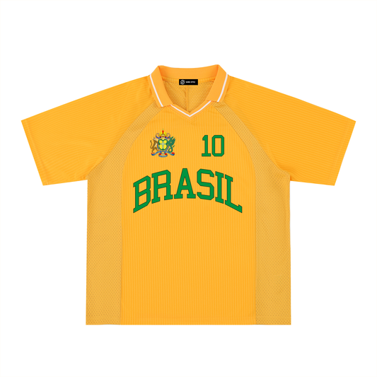 Brasil Striped V-Neck Soccer Jersey – Drop Shoulder Oversized Tee | Yellow & White | World Cup 2026