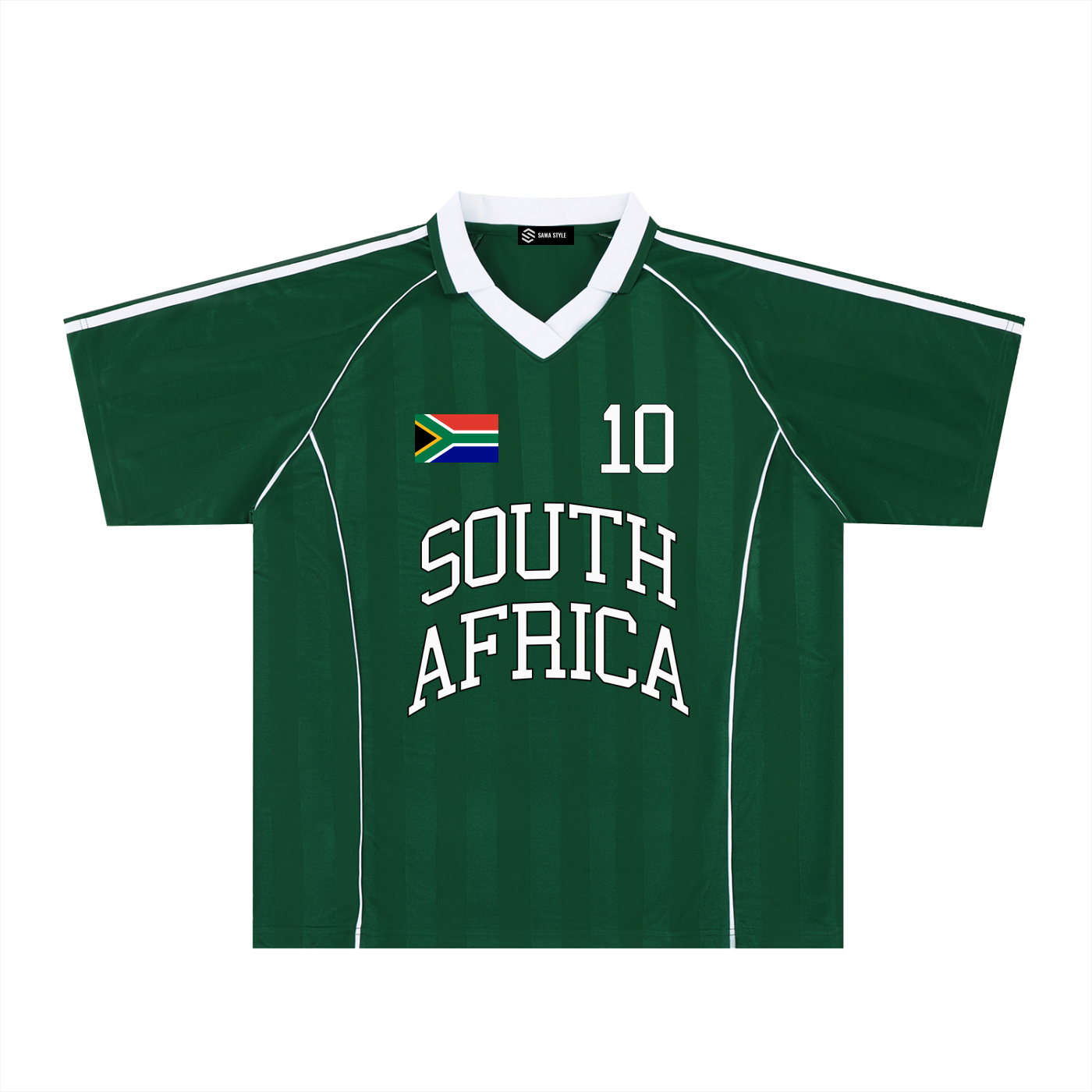 South Africa sports stripe collared jersey by ODMPOD featuring vibrant team colors, side stripes, and a classic collar design.