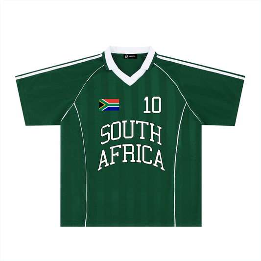 South Africa sports stripe collared jersey by ODMPOD featuring vibrant team colors, side stripes, and a classic collar design.