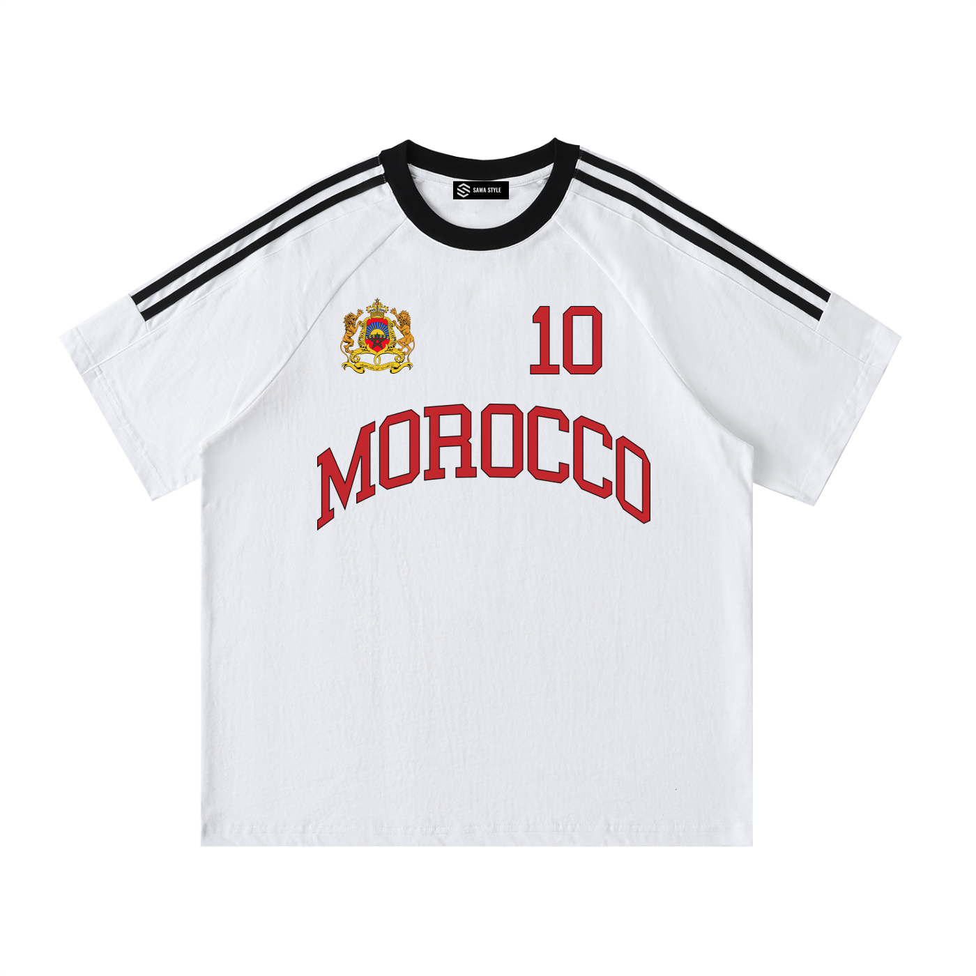 ODMPOD Morocco Maroc Sports crewneck cotton T-shirt with vibrant print, casual fit, and comfortable fabric.