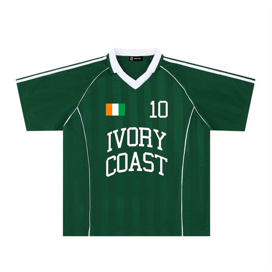 Ivory Coast unisex striped soccer jersey with collar by ODMPOD, featuring team colors and breathable fabric.