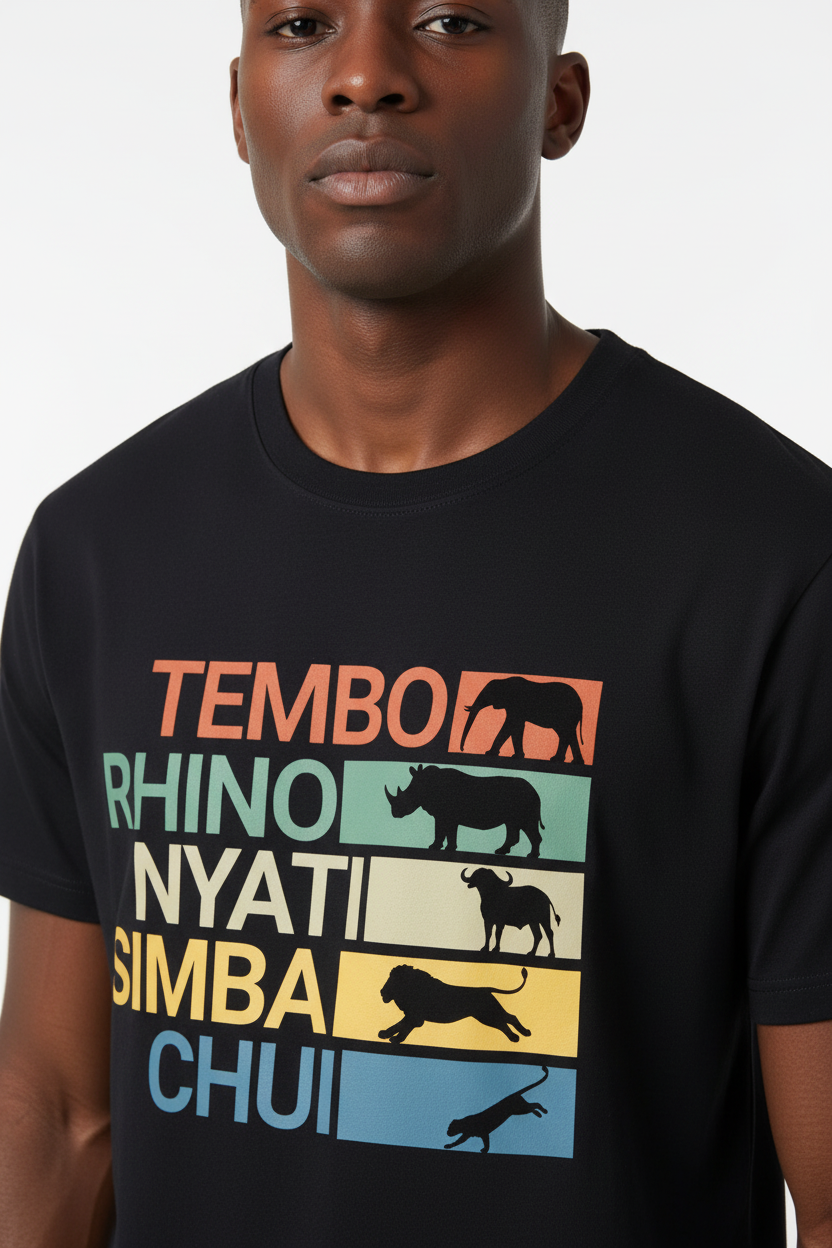 Big 5 in Swahili T-Shirt – 100% Cotton Unisex Tee - Kenya, Tanzania, South Africa, Uganda, Botswana