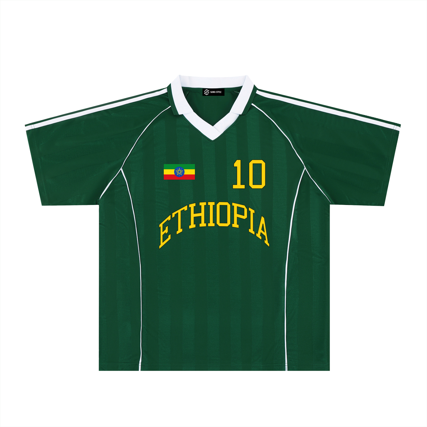Ethiopia Sports Stripe Oversized Collared Soccer Jersey by ODMPOD, featuring bold stripes and a classic collar style.