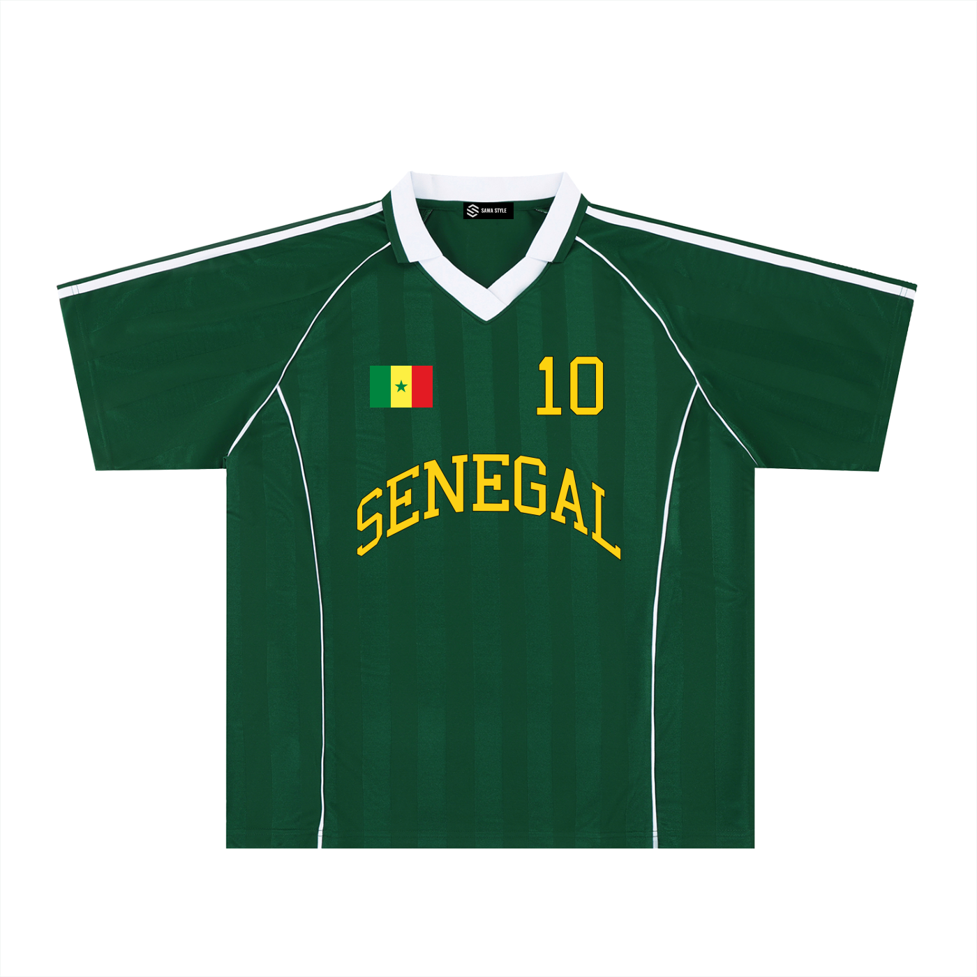 ODMPOD Senegal Sports Stripe Collared Oversized Jersey displayed on a hanger with bold red, green, and yellow stripes.