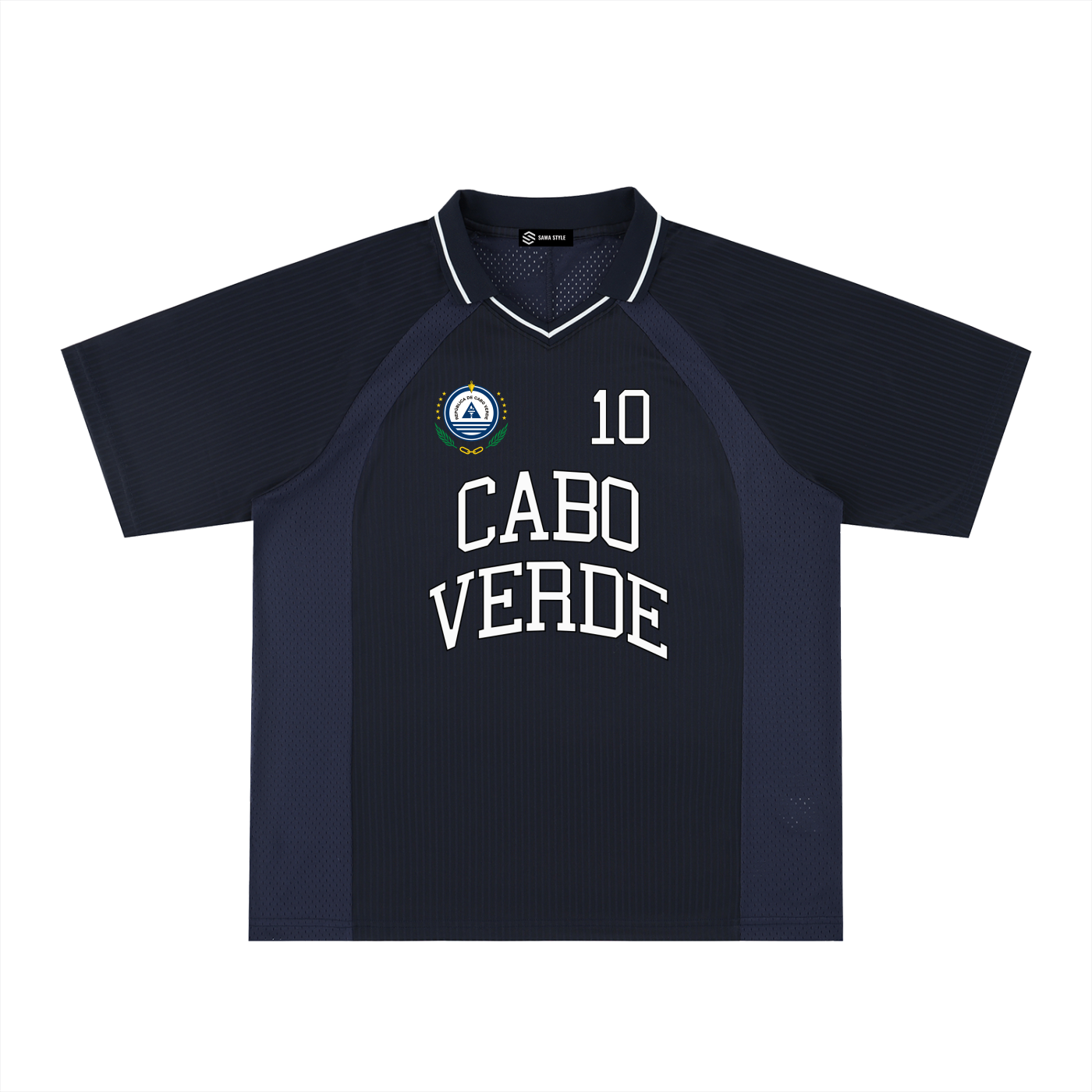 ODMPOD Cabo Verde sports striped V-neck jersey with bold colors and athletic design, suitable for fans and sports enthusiasts.