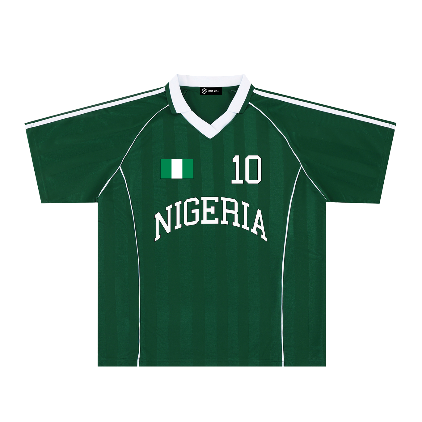 Nigeria sports stripe oversized soccer jersey by ODMPOD featuring bold blue and green stripes, relaxed fit, and team-inspired design.