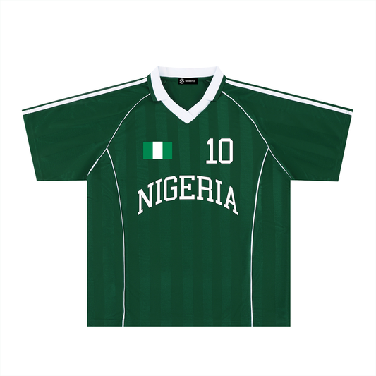 Nigeria sports stripe oversized soccer jersey by ODMPOD featuring bold blue and green stripes, relaxed fit, and team-inspired design.