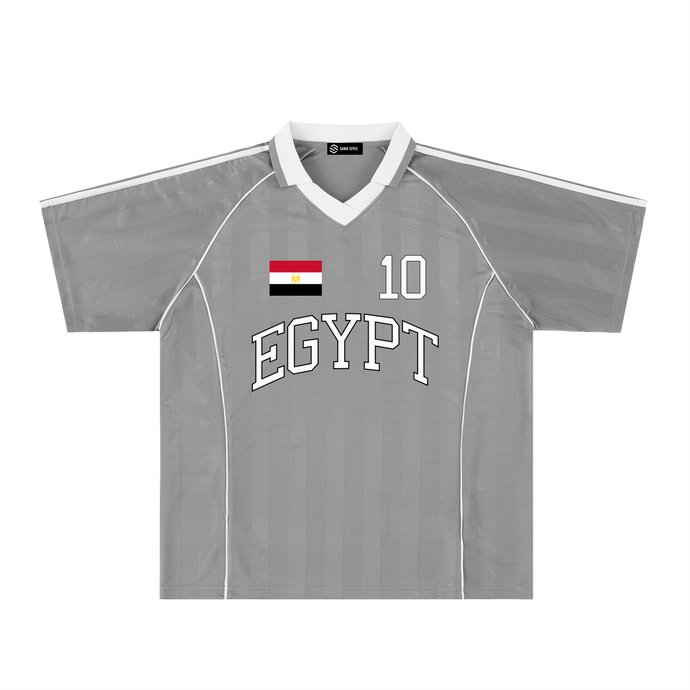 Egypt Sports Stripe Oversized Collared Soccer Jersey by ODMPOD with bold red and white stripes and a classic collar design.