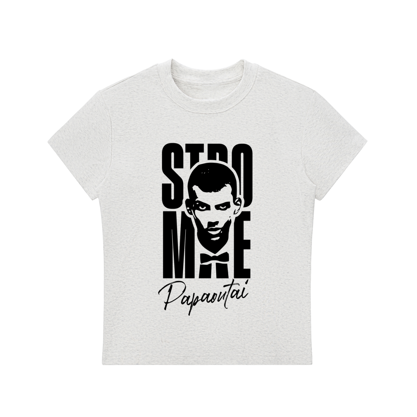 Stromae women's bodycon crewneck T-shirt by ODMPOD, shown in black with a close-up of the fitted, stylish design.