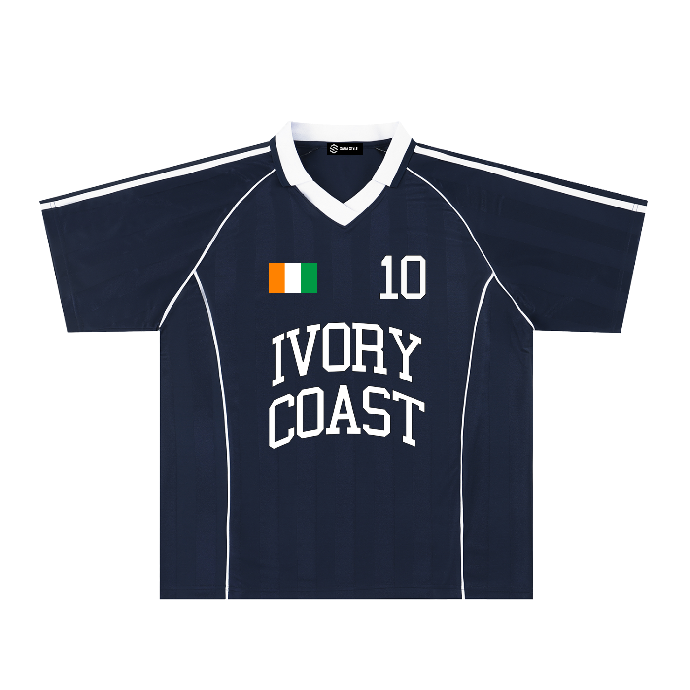 Ivory Coast unisex stripe collared soccer jersey by ODMPOD, featuring the team's colors and design details.