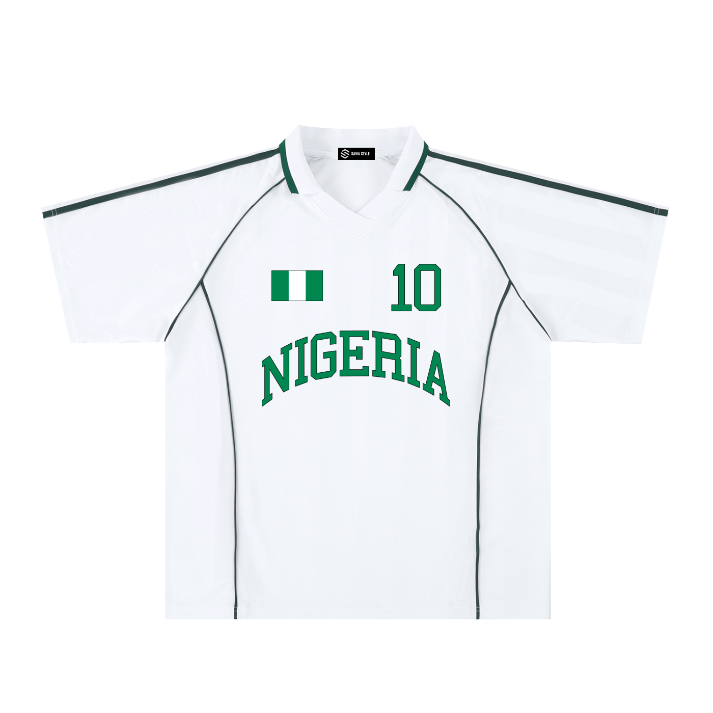 Nigeria Sports unisex oversized soccer jersey by ODMPOD, featuring green and white team colors and bold Nigeria logo.