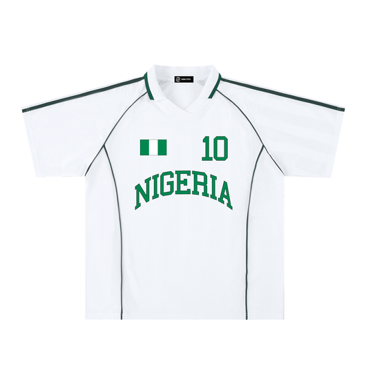 Nigeria Sports unisex oversized soccer jersey by ODMPOD, featuring green and white team colors and bold Nigeria logo.