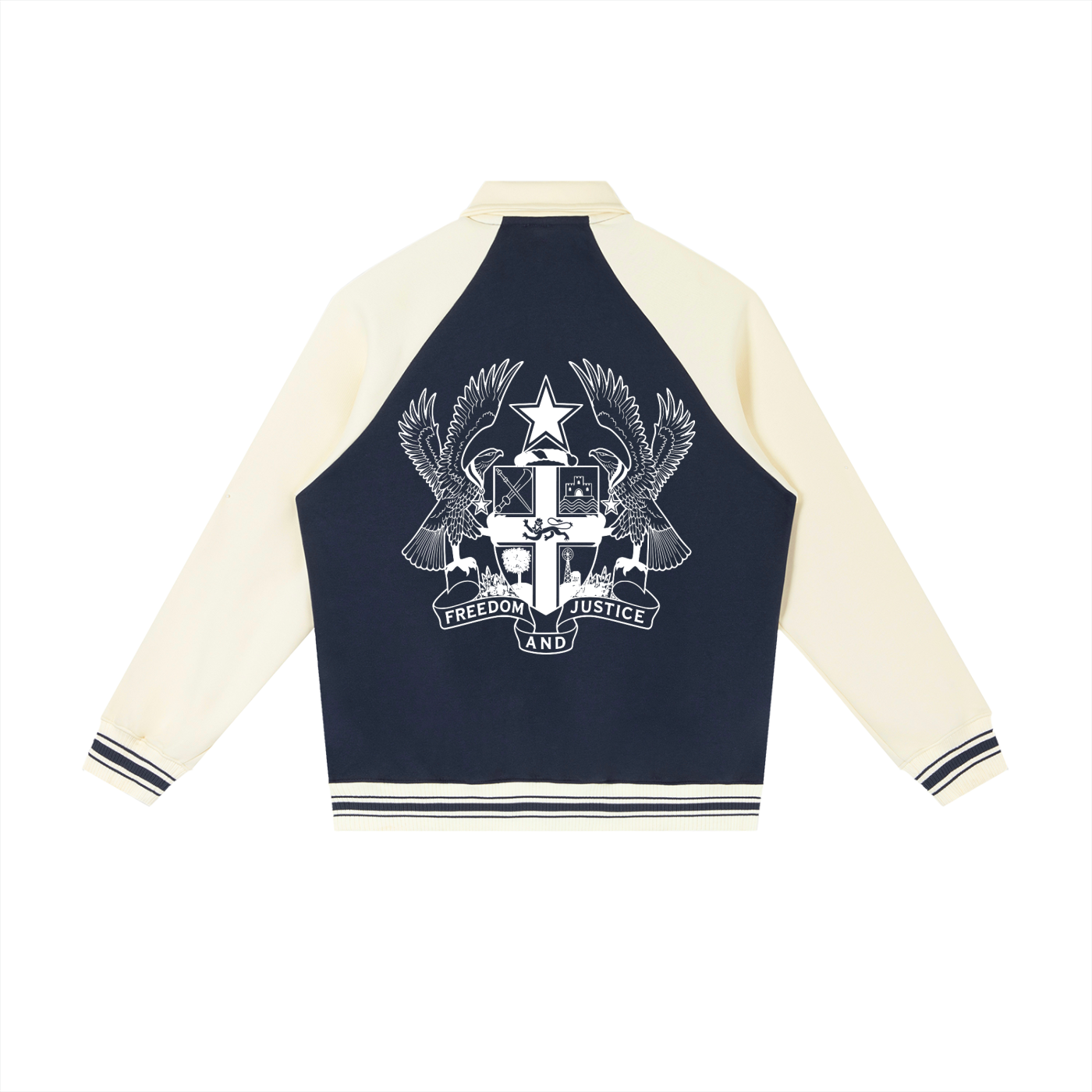 Customizable Ghana baseball jacket by ODMPOD featuring vibrant colors and embroidered Ghana flag design.