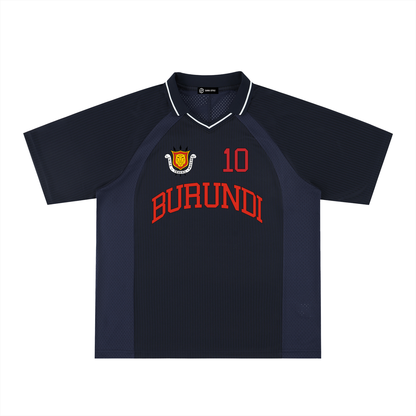 Burundi Sports Fan Jersey by ODMPOD with personalized number 10, featuring team colors and athletic fit for sports fans.