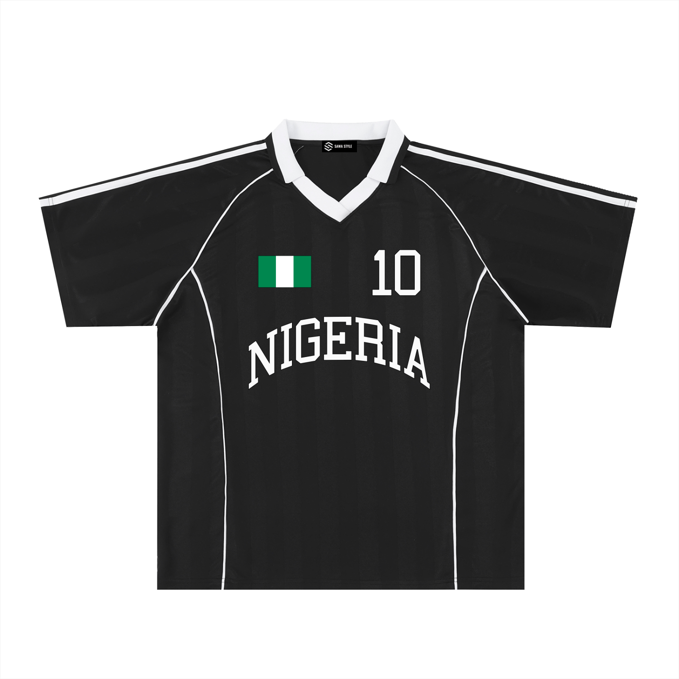 Nigeria Sports Stripe Oversized Soccer Jersey by ODMPOD, featuring bold green and white horizontal stripes and a relaxed fit.