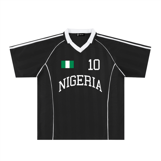 Nigeria Sports Stripe Oversized Soccer Jersey by ODMPOD, featuring bold green and white horizontal stripes and a relaxed fit.