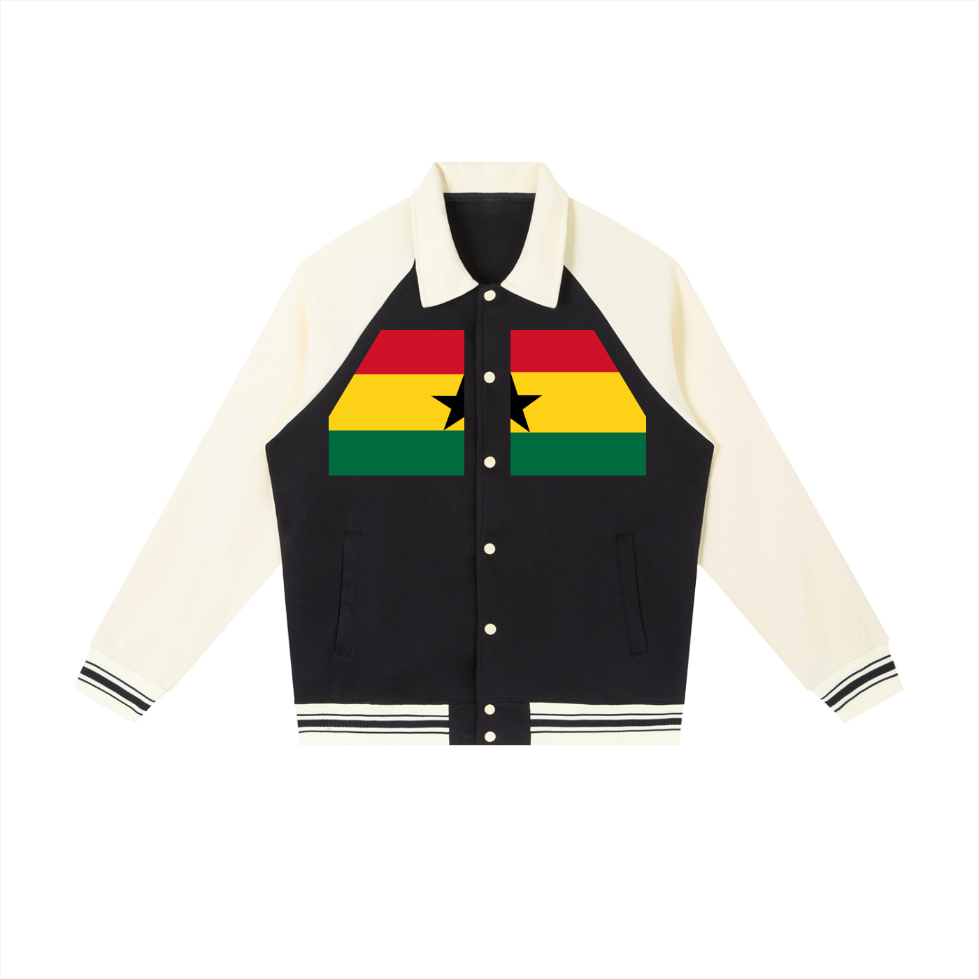 Customizable Ghana baseball jacket by ODMPOD featuring vibrant colors and embroidered Ghana flag design on the front.