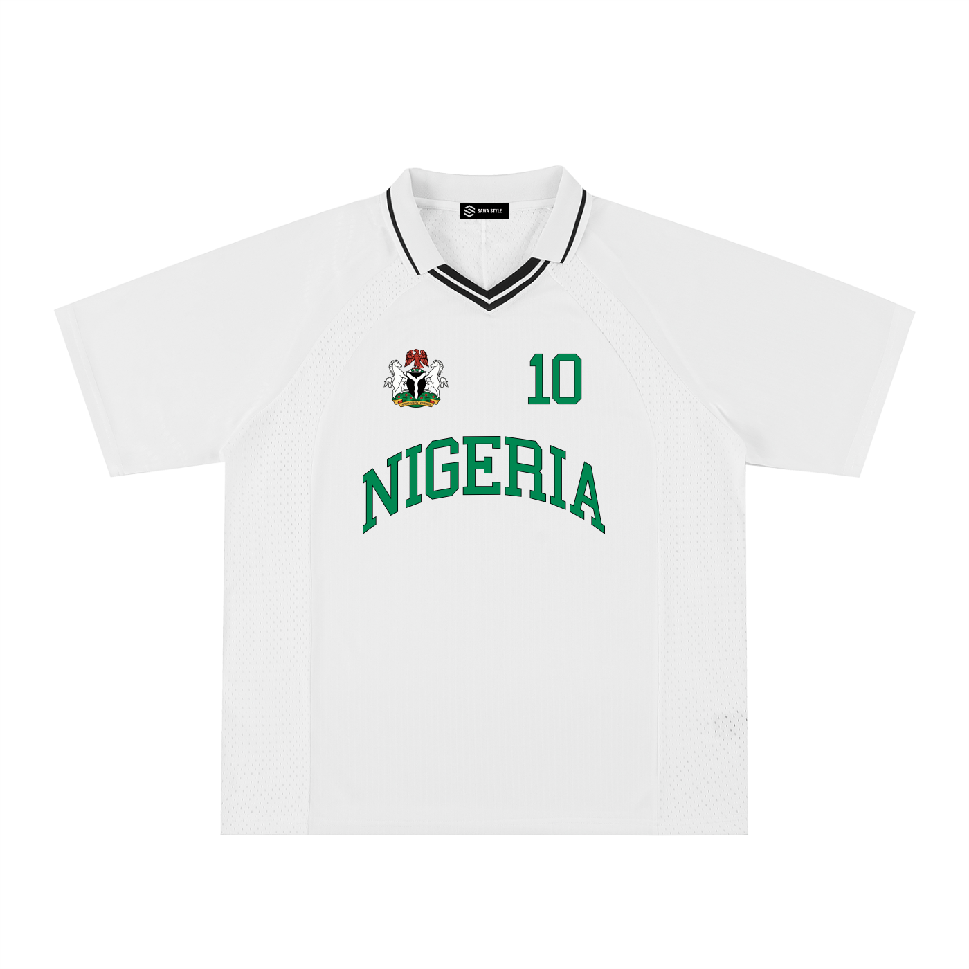 Nigeria Sports striped V-neck soccer jersey by ODMPOD, unisex oversized style, featuring Nigeria national team colors and design.
