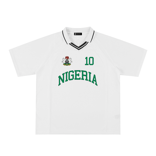 Nigeria Sports striped V-neck soccer jersey by ODMPOD, unisex oversized style, featuring Nigeria national team colors and design.
