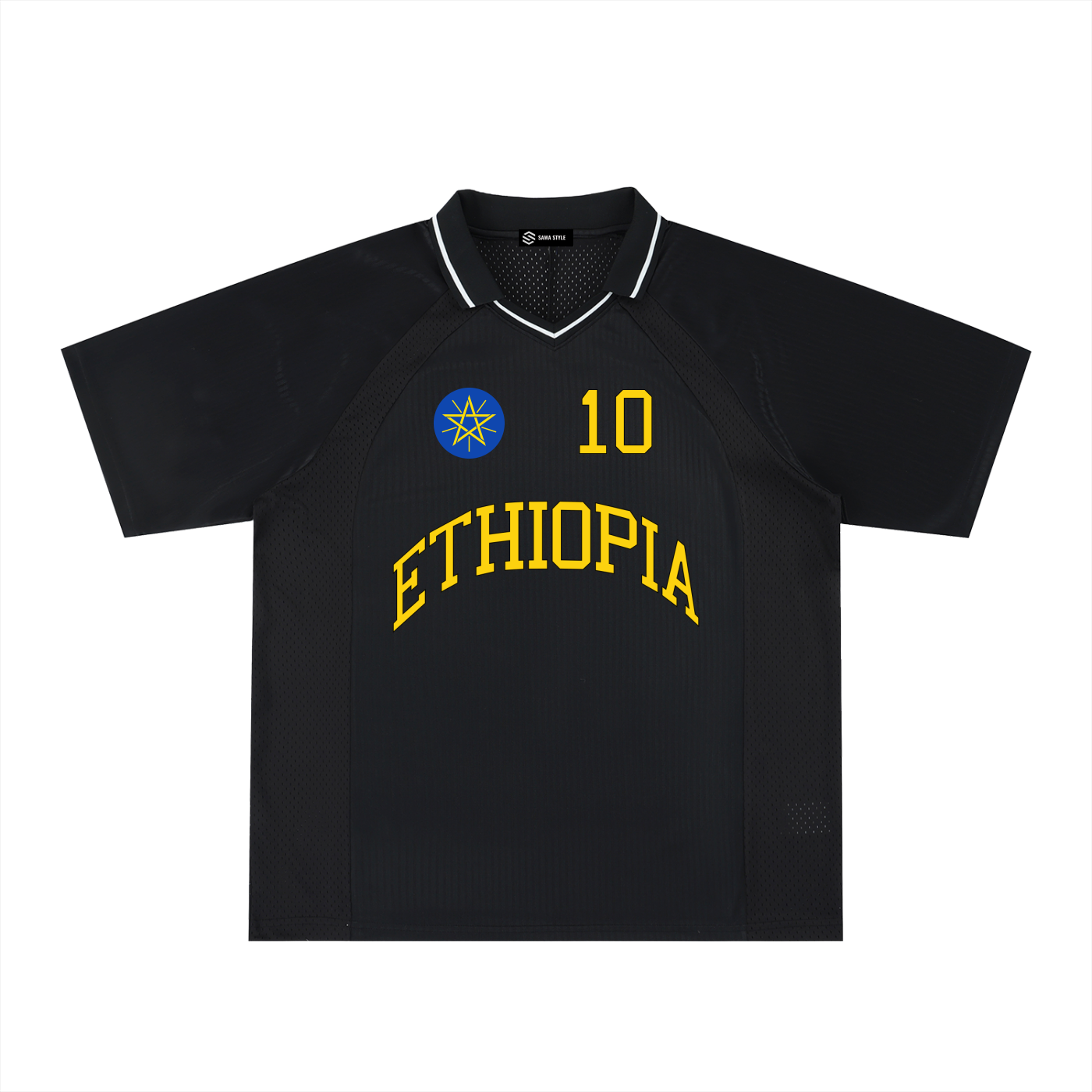 Ethiopia Sports striped V-neck jersey by ODMPOD featuring green, yellow, and red horizontal stripes and a V-neck collar.