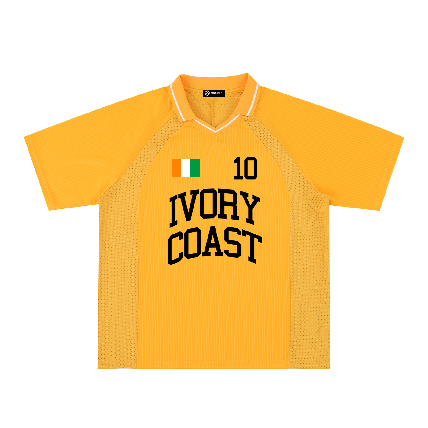 Ivory Coast unisex oversized soccer jersey by ODMPOD, featuring team logo and classic design, displayed on a hanger.