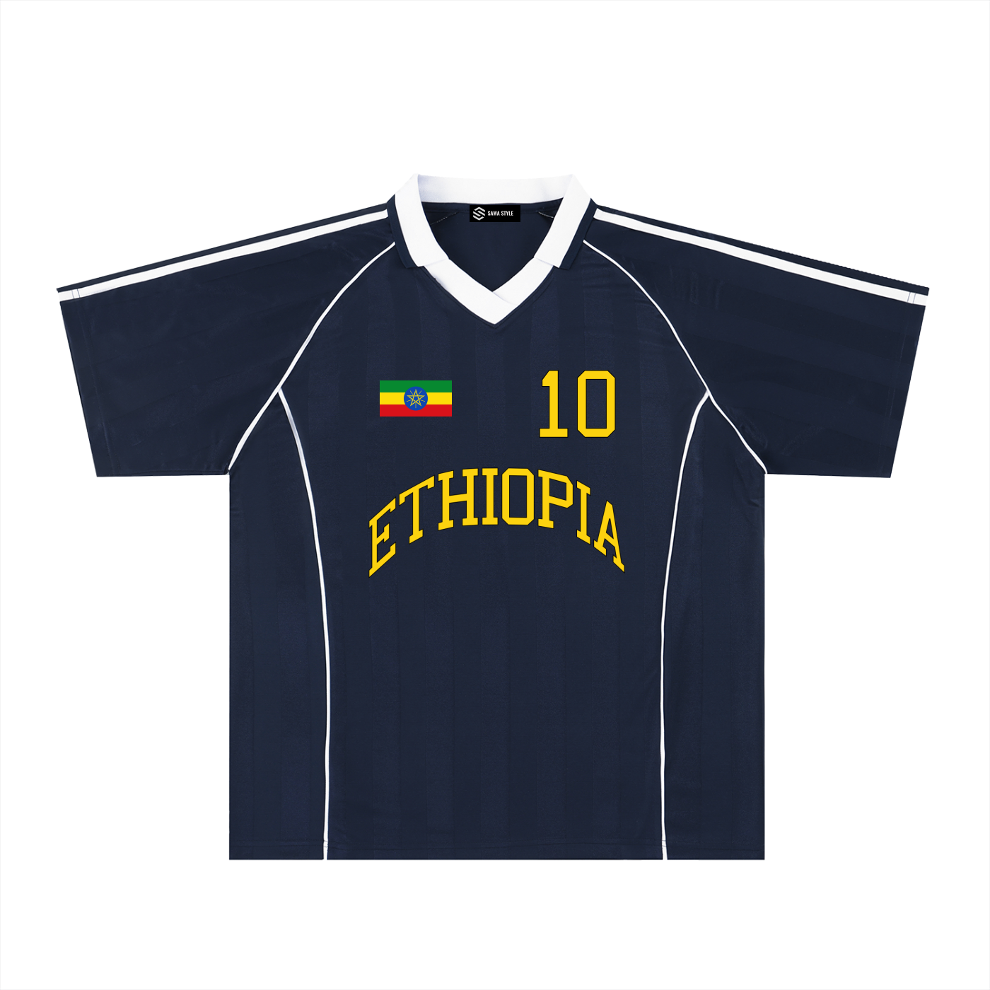 Ethiopia Sports Stripe Oversized Collared Soccer Jersey by ODMPOD featuring bold stripes and a classic collar design.