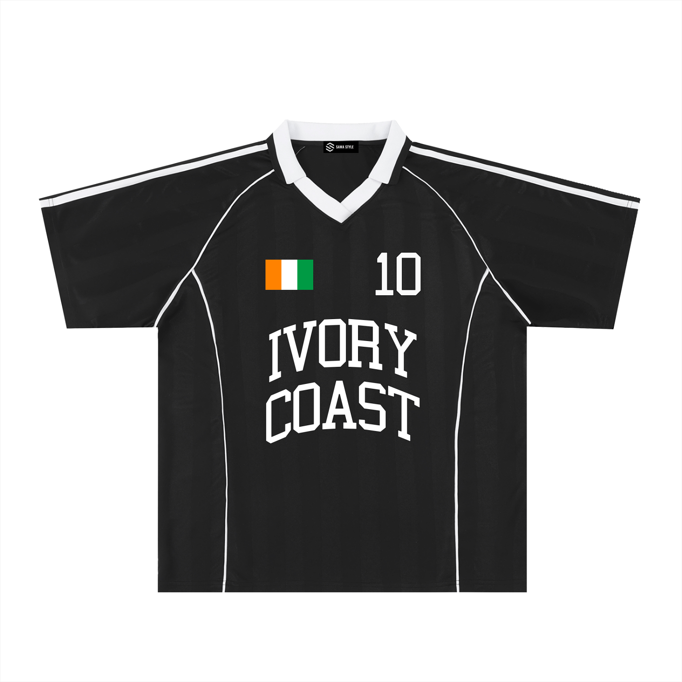 Ivory Coast unisex stripe collared soccer jersey by ODMPOD, featuring the team’s colors and design with a collar and stripe pattern.