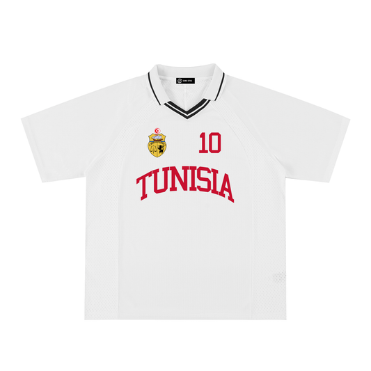 Tunisia Sports oversized striped V-neck jersey by ODMPOD, featuring bold horizontal stripes and a relaxed fit.