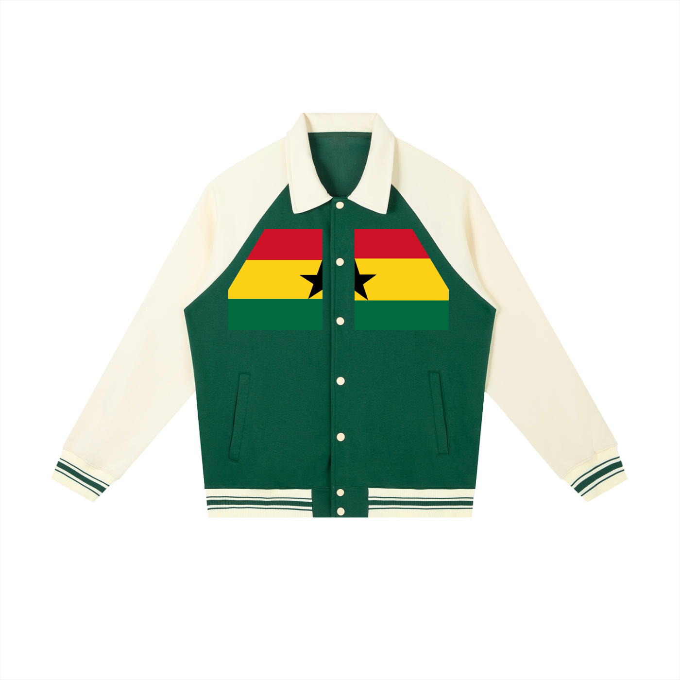 Customizable Ghana baseball jacket by ODMPOD featuring Ghana flag colors and design, displayed on a hanger.