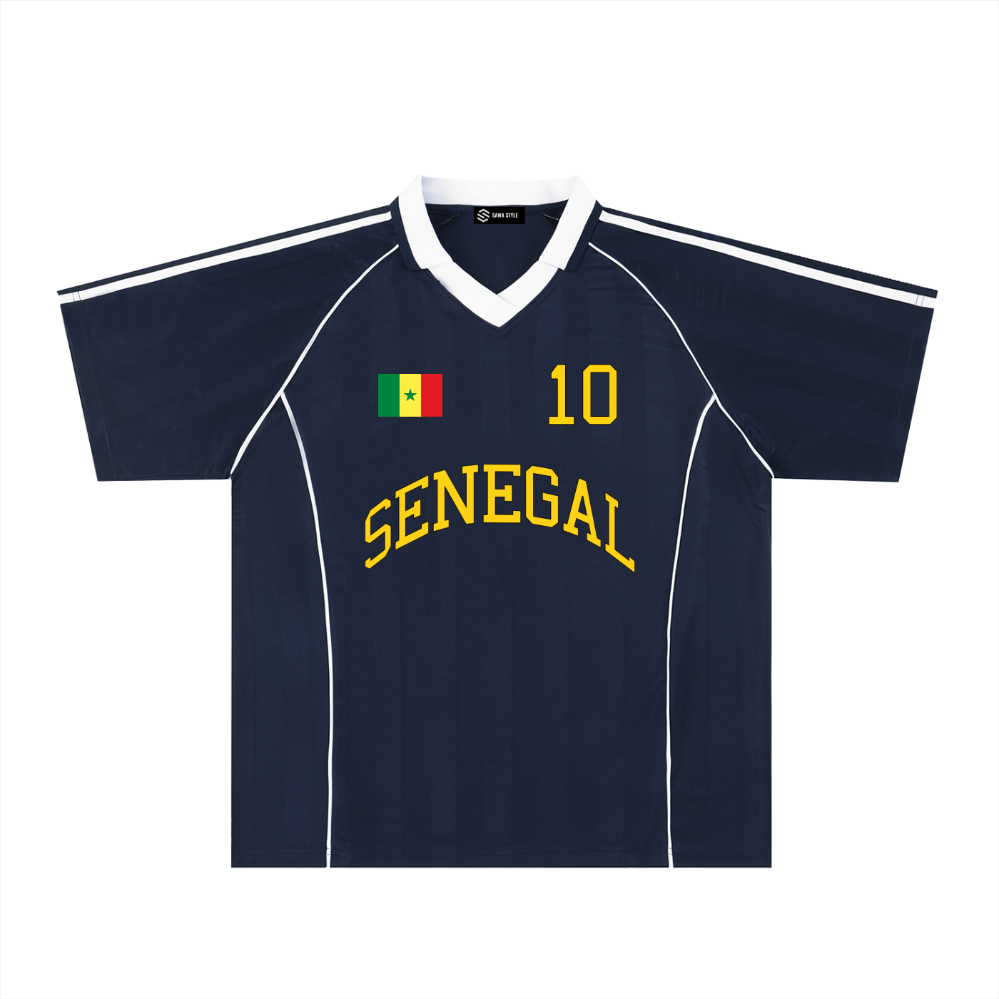 ODMPOD Senegal sports stripe oversized jersey with collar, featuring bold team colors and athletic design.