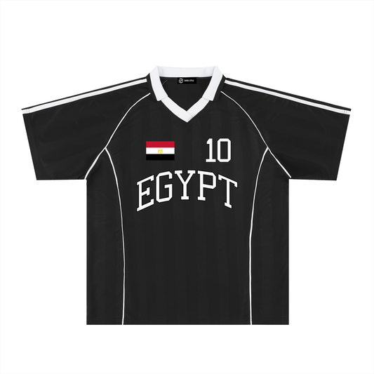 Egypt Sports Stripe Oversized Collared Soccer Jersey by ODMPOD featuring bold red, white, and black stripes with a classic collar.