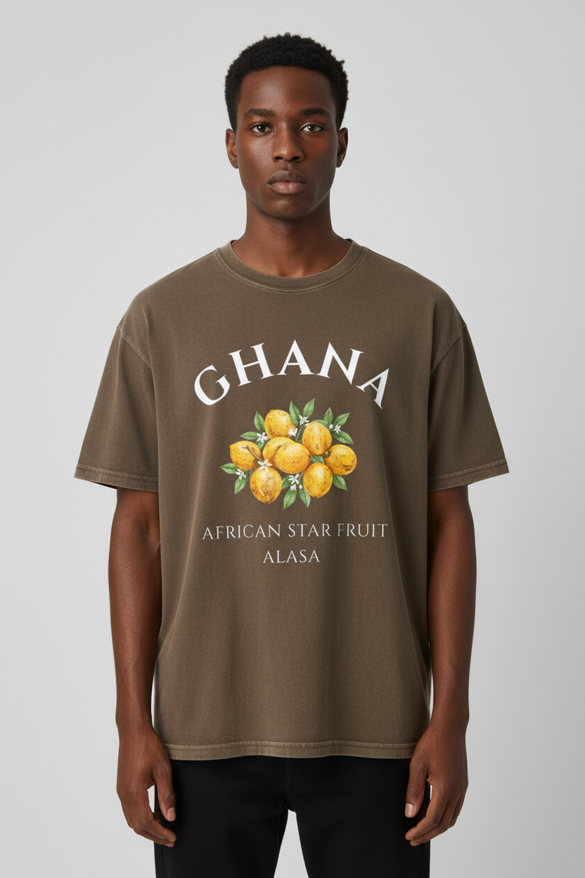 Ghana Alasa Fruit T-Shirt – Coffee Brown Male Model Mockup