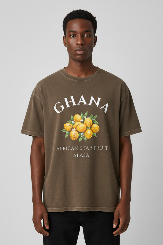 Ghana Alasa Fruit T-Shirt – Coffee Brown Male Model Mockup