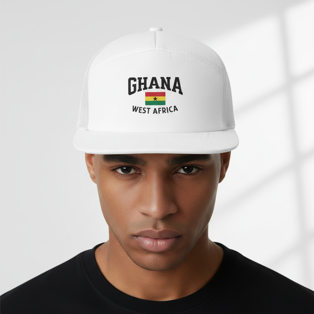 Close-up of model wearing Ghana flag seven-panel trucker hat