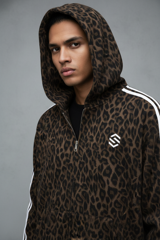 Leopard Full Zip Hoodie – Model Closeup