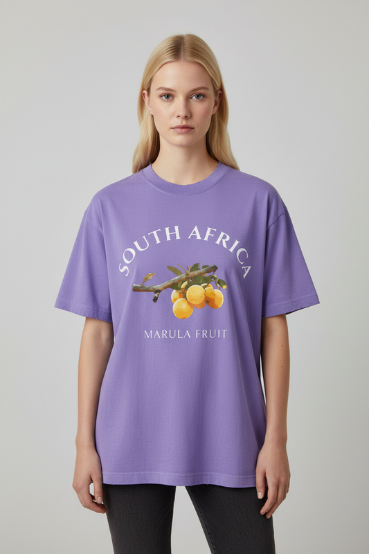 Marula Fruit T-Shirt – Purple Female Model Mockup