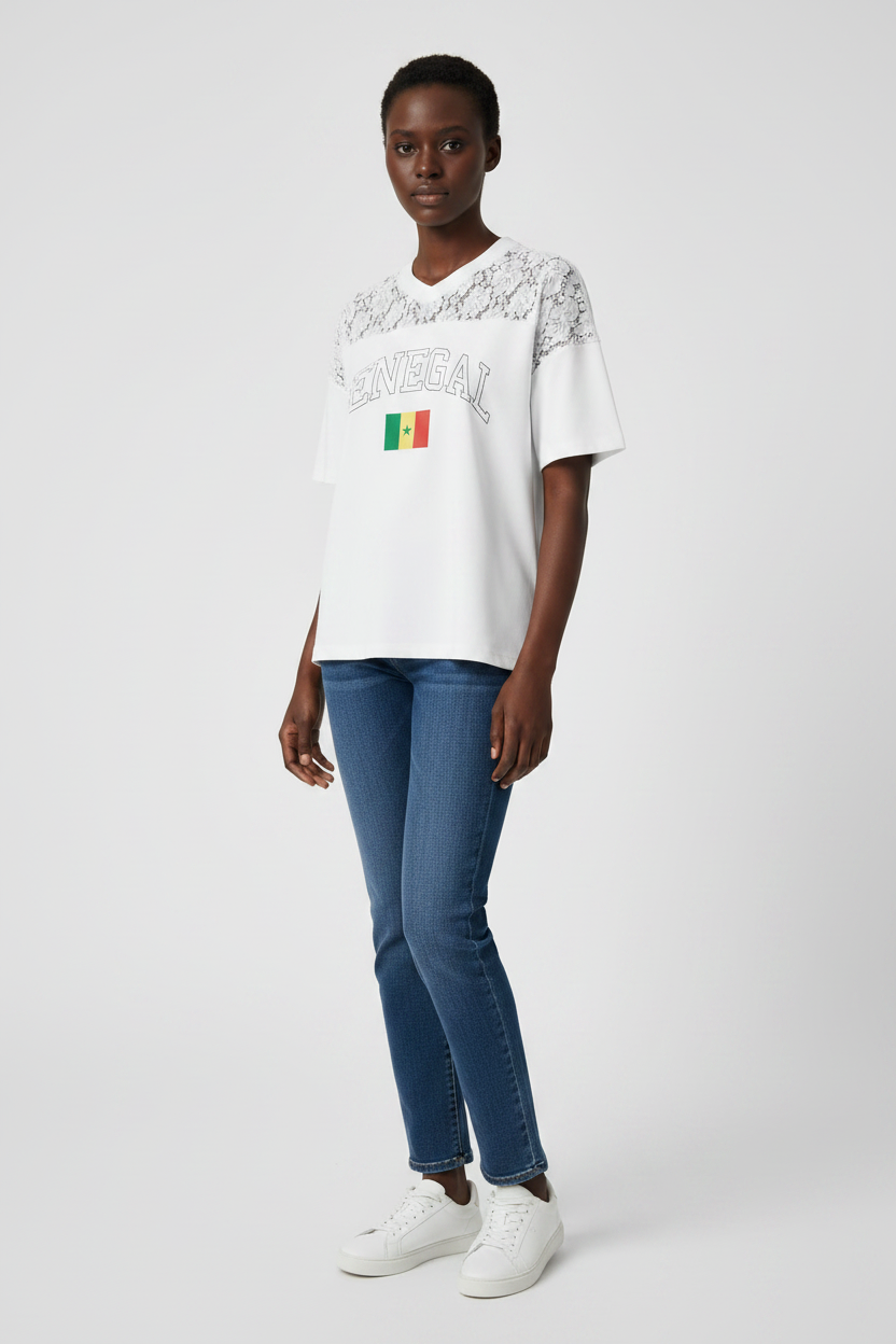Senegal Lace Panel V-Neck Tee